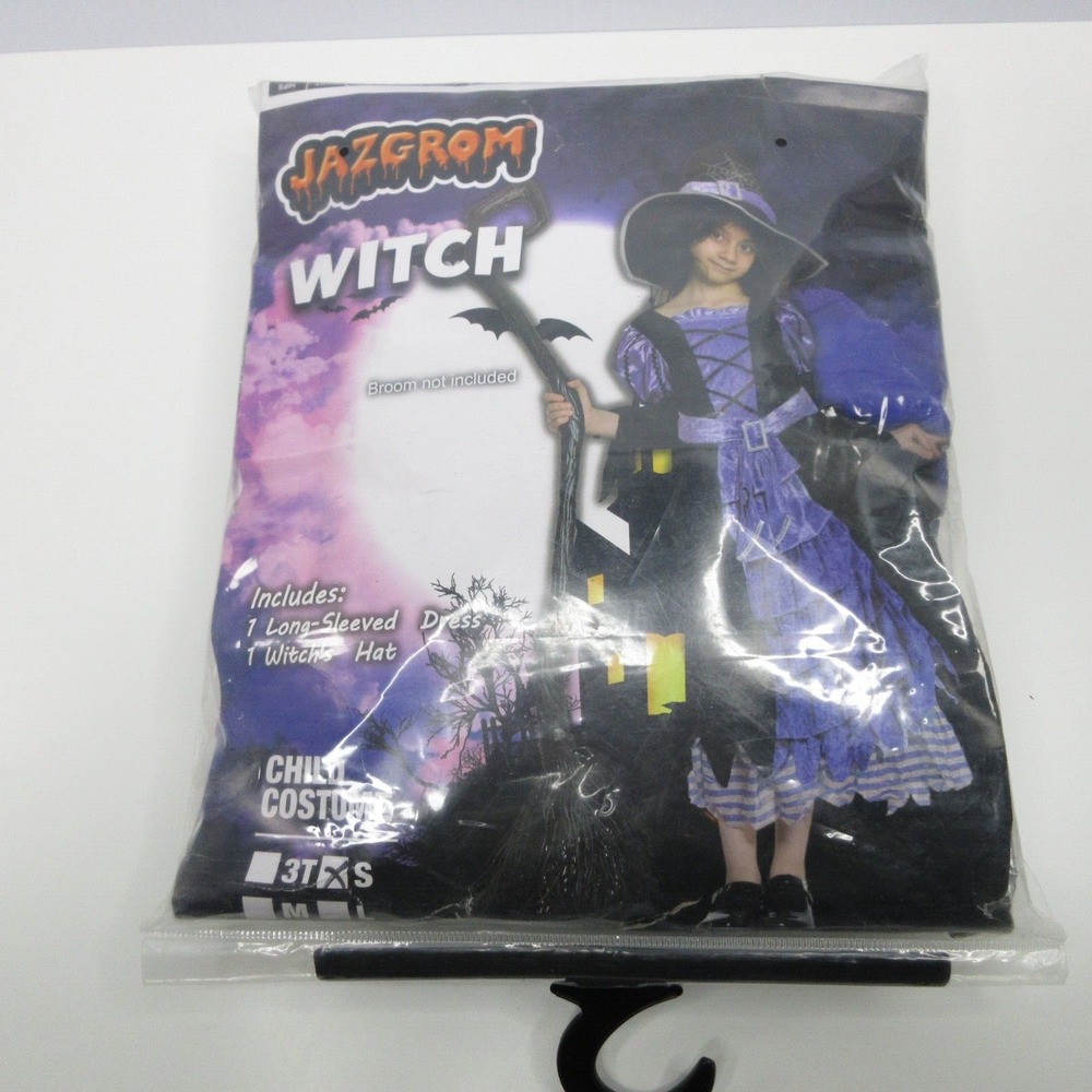 Jazgrom Witch Costume Kids Size S Small Purple Black Dress and Hat Set